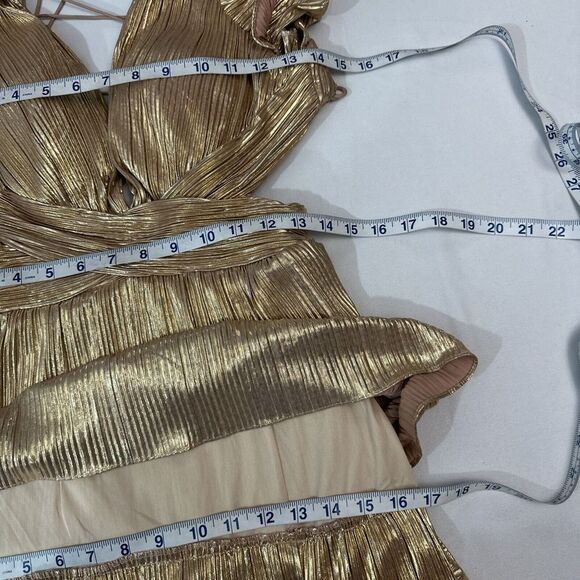 NWT‎ $498 IEENA Mac Duggal [ 4 ] 26740 Ruffle Tiered Lace Up Gown Gold - Picture 5 of 16